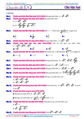 Toàn cảnh đề tuyển sinh và học sinh giỏi Lớp 9 - Năm 2018-2019-2020 - Chuyên đề 1 Căn bậc hai - Vũ Ngọc Thành